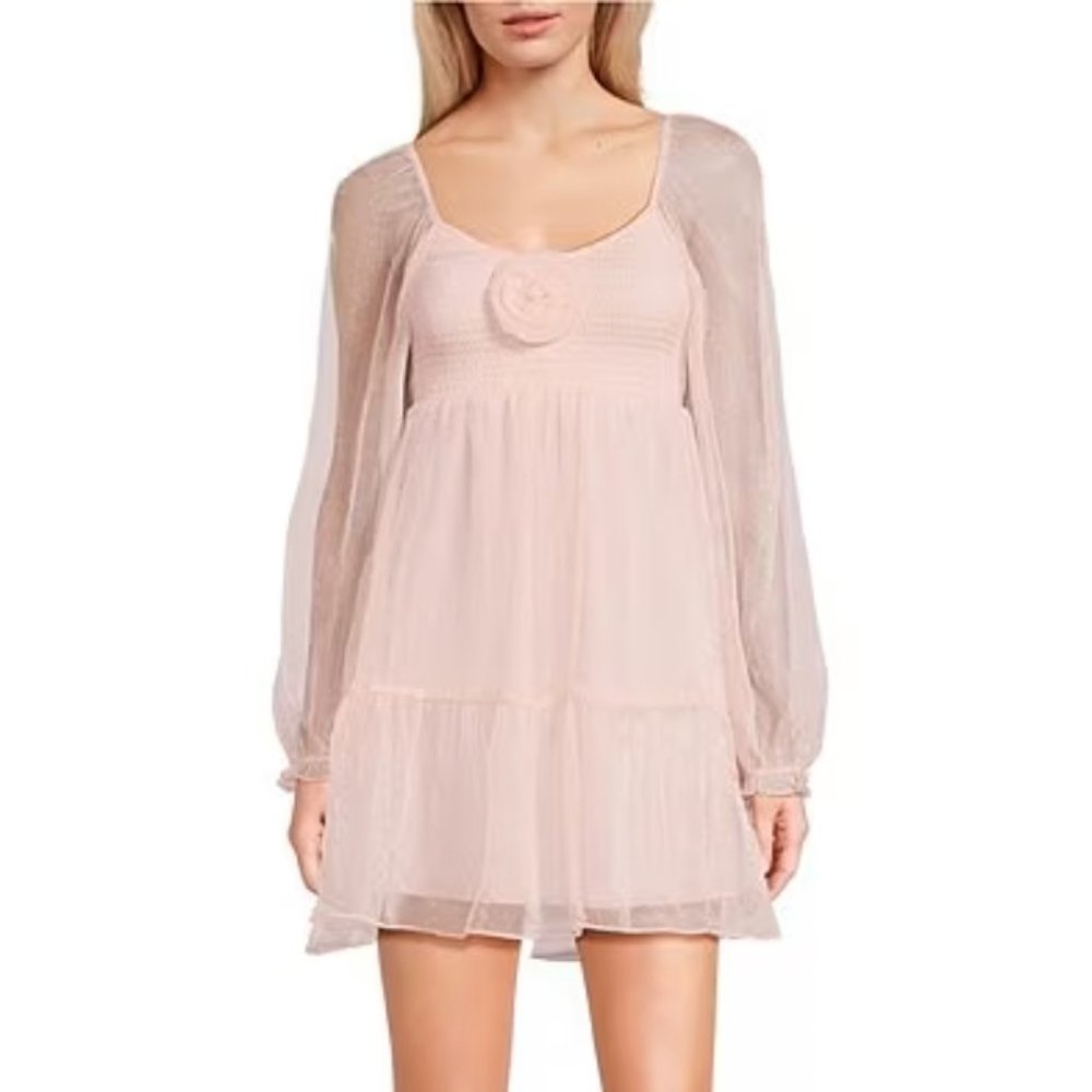 Midnight Doll Long Sleeve Rosette Shimmer Smocked Tiered Dress | NWT | L | Pink